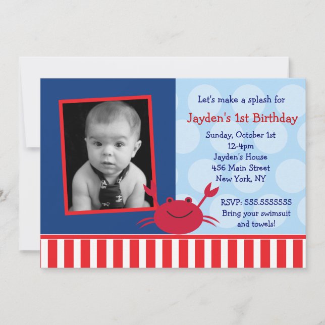 Crab Nautical Photo Birthday Invitations (Front)