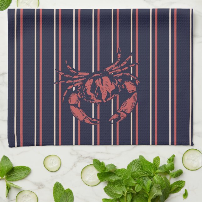 Crab Navy Blue And Red Stripe Fisherman Kitchen Towel (Folded)