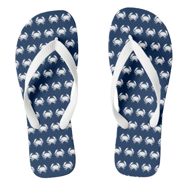 Crab navy blue white sea animals pattern flip flops (Footbed)