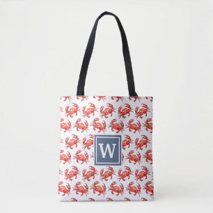 Crab Pattern and Monogram Personalized Beach Tote Bag