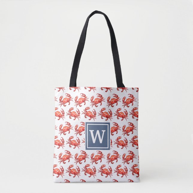 Crab Pattern Monogram Beach Tote Bag (Front)