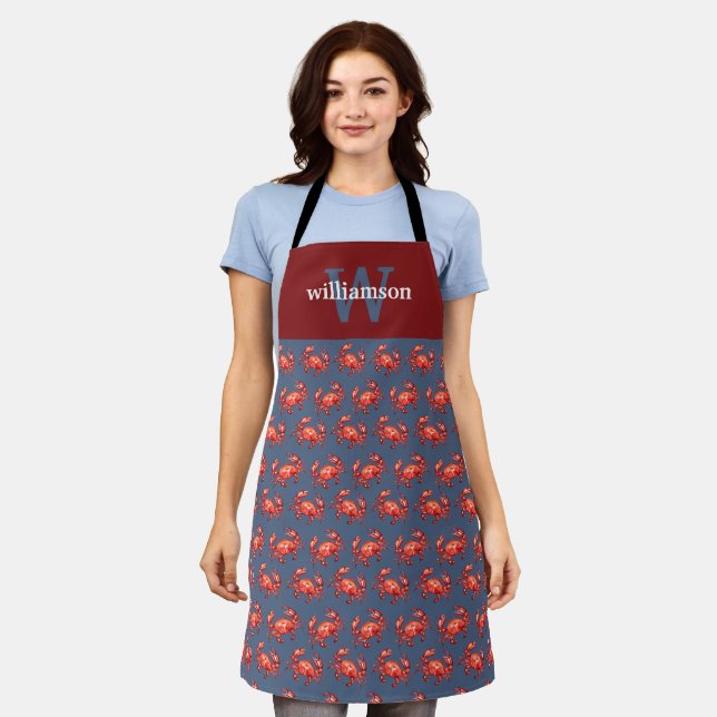 Crab Pattern Navy Personalized Apron (Worn)