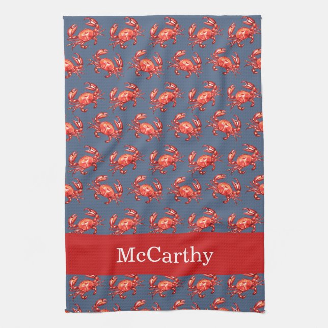 Crab Pattern Summer Beach Personalized Navy Kitchen Towel (Vertical)