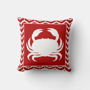 Crab Red White Herringbone Coastal Modern Nautical Throw Pillow