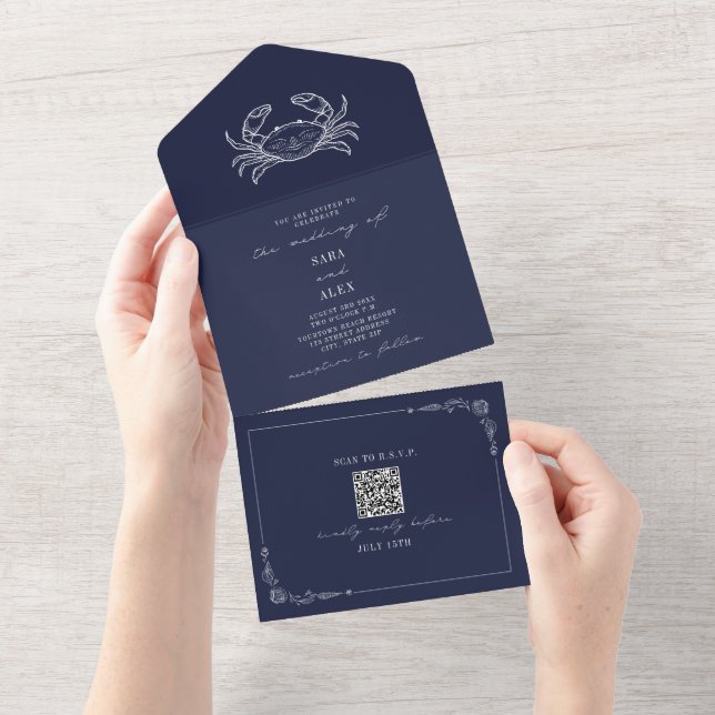 Crab Rustic Beach Wedding Dark Blue QR All In One Invitation (Tearaway)