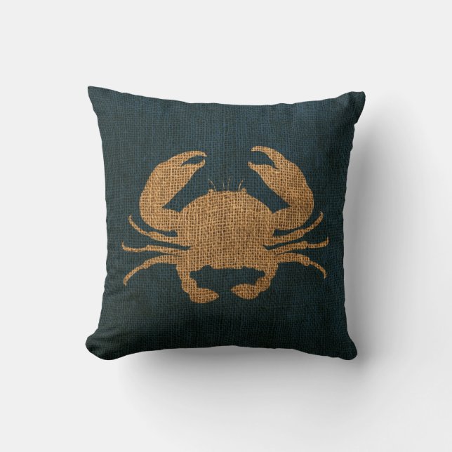 Crab Rustic Deep Sea Blue Throw Pillow (Front)
