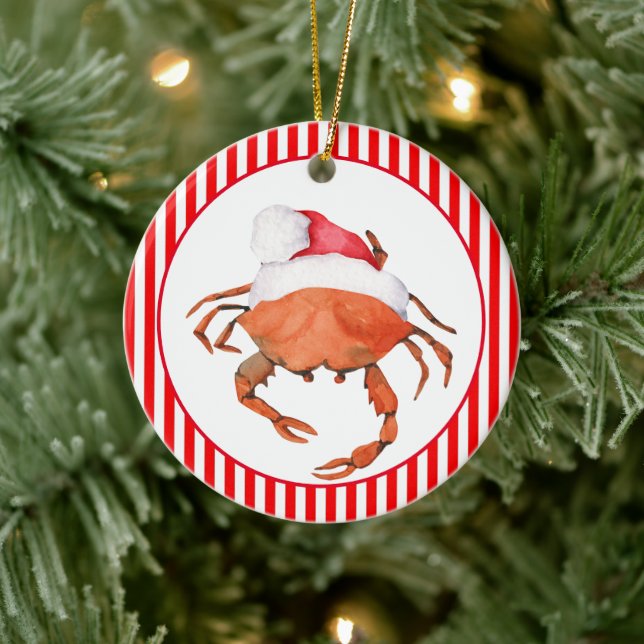Crab Santa Christmas Watercolor Ceramic Ornament (Tree)