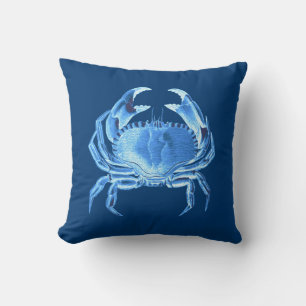 Crab Sea Life Print, Indigo Blue and White Throw Pillow