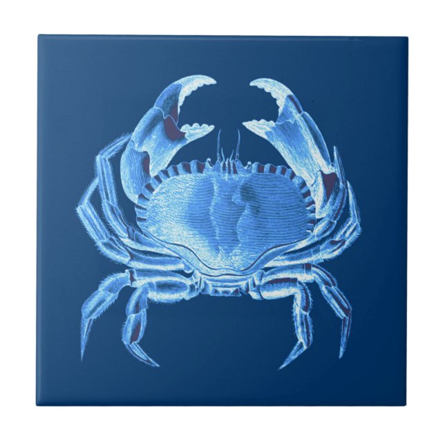 Crab Sea Life Print, Indigo Blue and White Tile (Front)