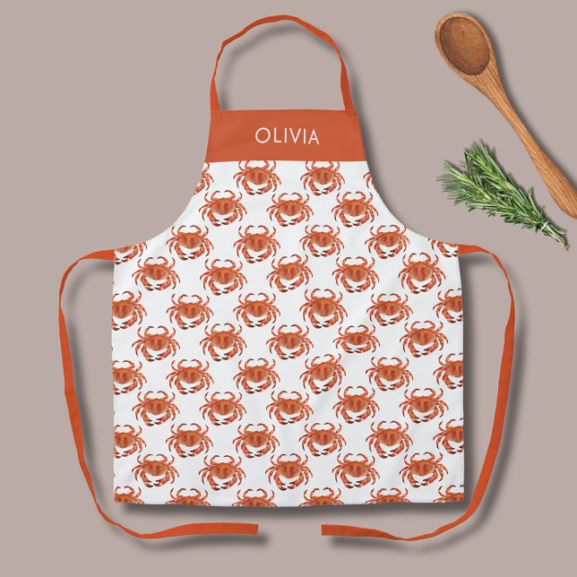 Crab Seaside Pattern Personalized Name Apron (Brown crab crustacean patterned apron.  Personalize with your own name or choice of text.)