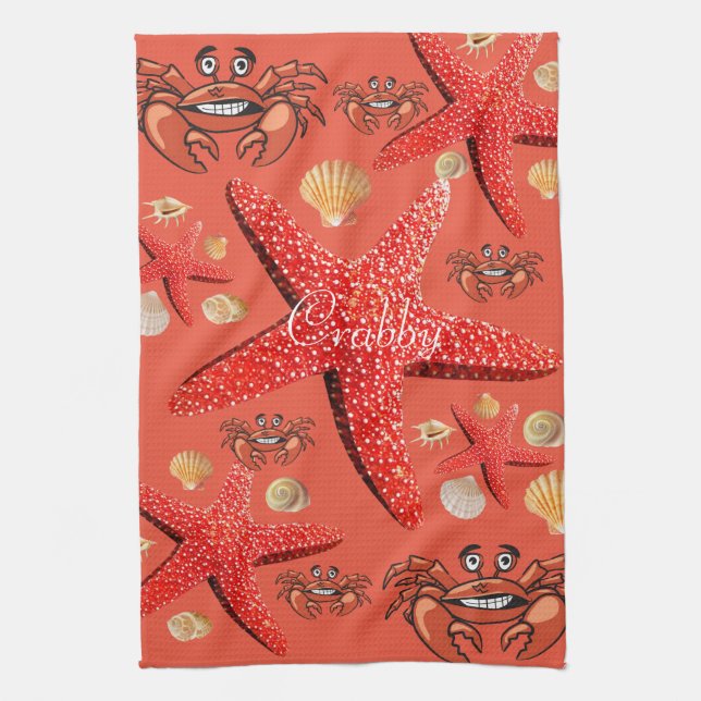 Crab, Starfish, Crabby Kitchen Hand Towel (Vertical)