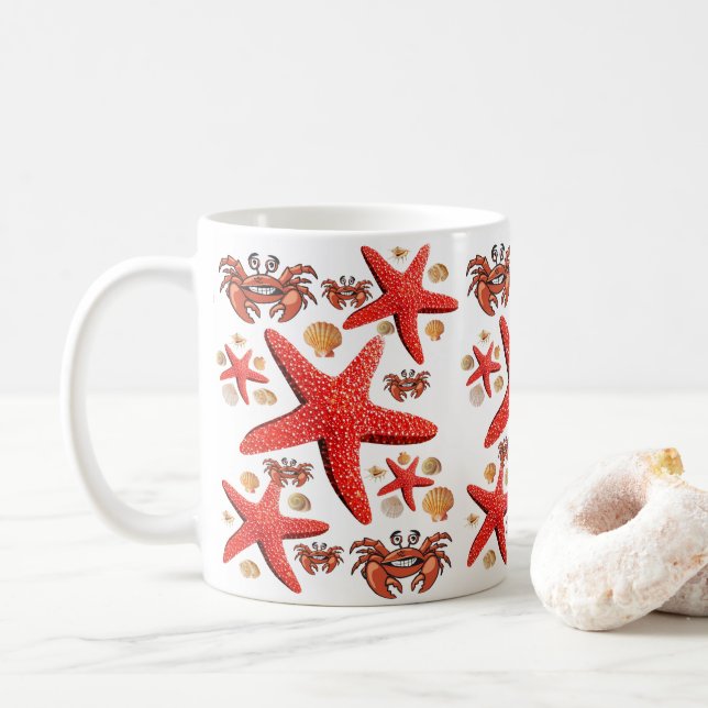 Crab, Starfish White Mug (With Donut)