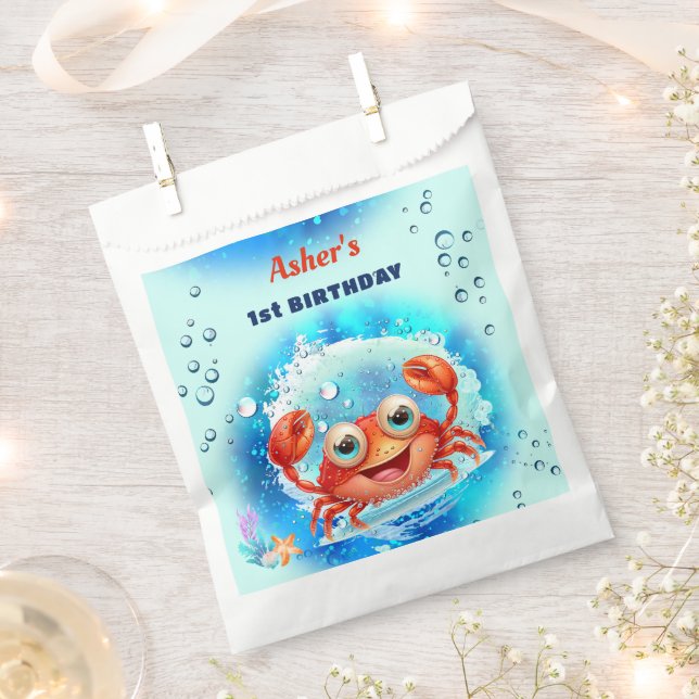 Crab Turquoise 1st Birthday Pool Party Custom Age Favour Bag (Clipped)