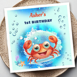 Crab Turquoise 1st Birthday Pool Party Custom Age Napkin