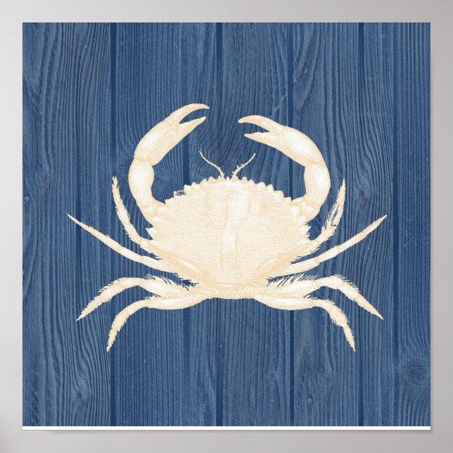 Crab Vintage Blue Wood Beach Poster (Front)