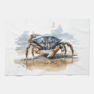 crab walking on the beach, customizable  kitchen towel