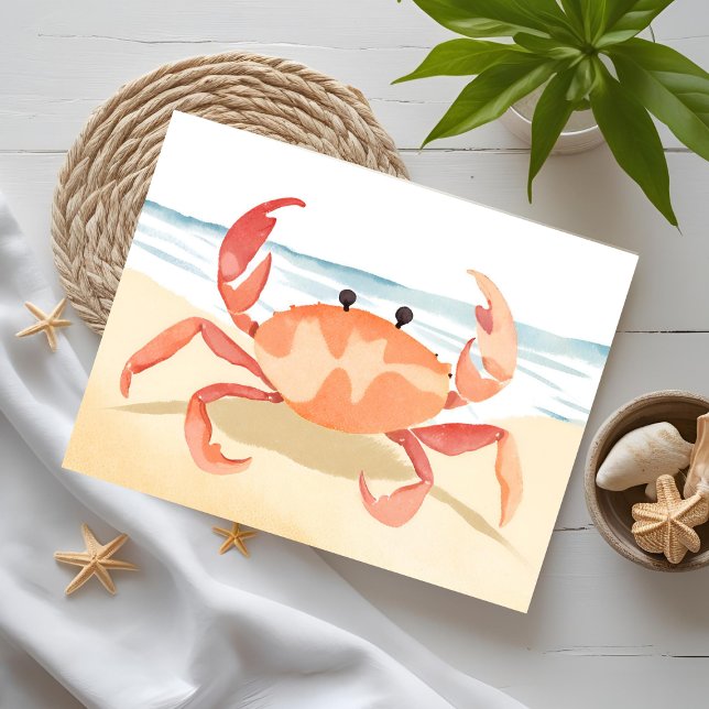 Crab Watercolor Beach Shore | Coastal Vacation Postcard (Creator Uploaded)