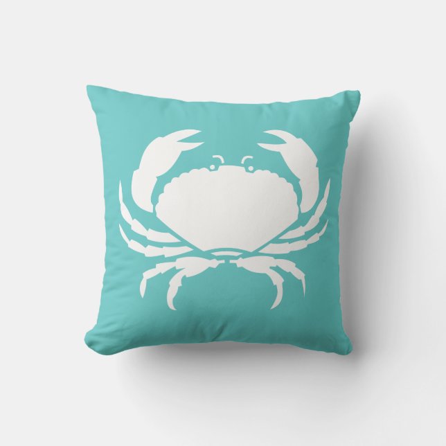 CRAB WHITE on teal blue pillow (Front)