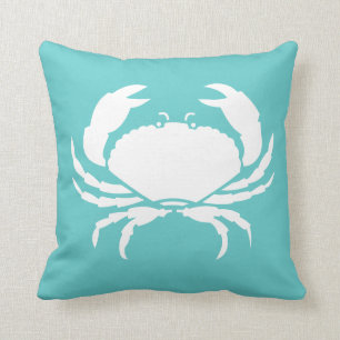 CRAB WHITE on teal blue pillow