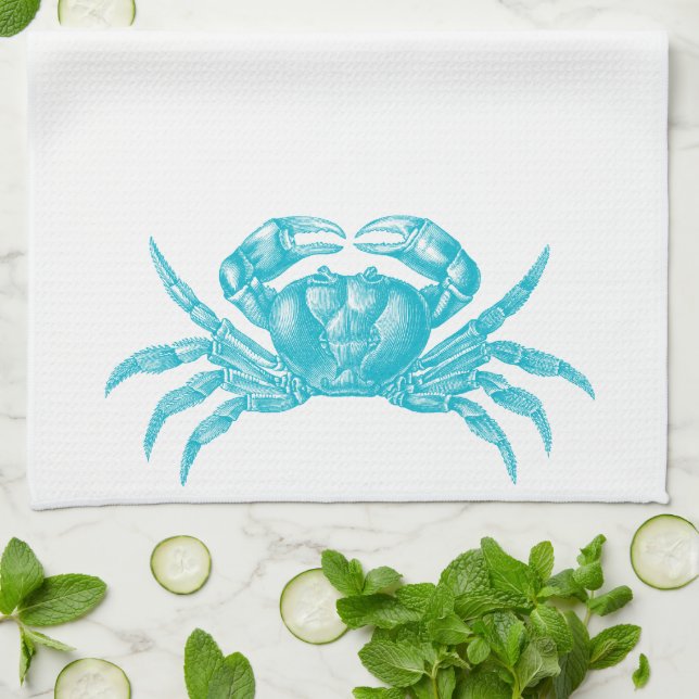 Crab Woodblock Print Artisan Style Aqua Blue Kitchen Towel (Folded)