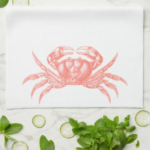 Crab Woodblock Print Artisan Style Coral Kitchen Towel