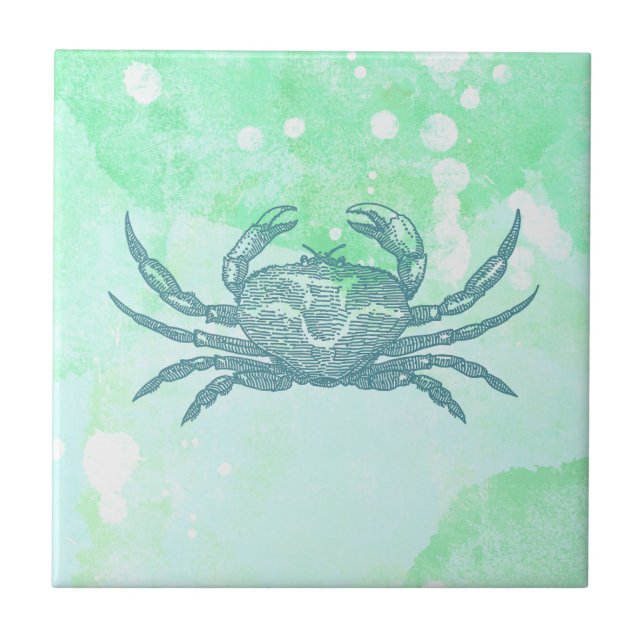 Crabe bleu à l'aquarelle Carreaux céramiques verts (Devant)