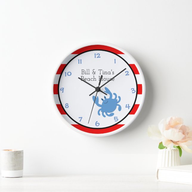 Crabe Bleu Rouge Nautique Personnalisé Horloge Mur (Maison)