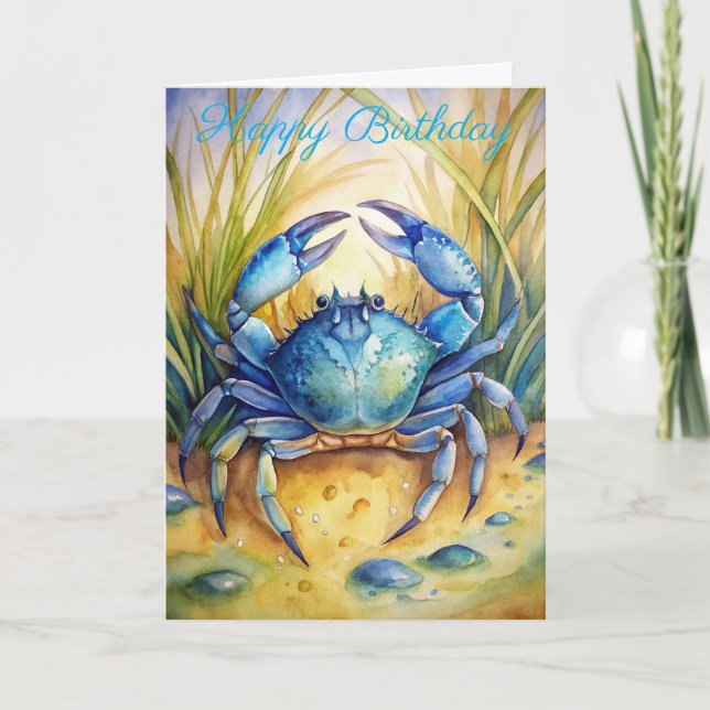 Crabe bleu sur une carte d'anniversaire de plage (Devant)