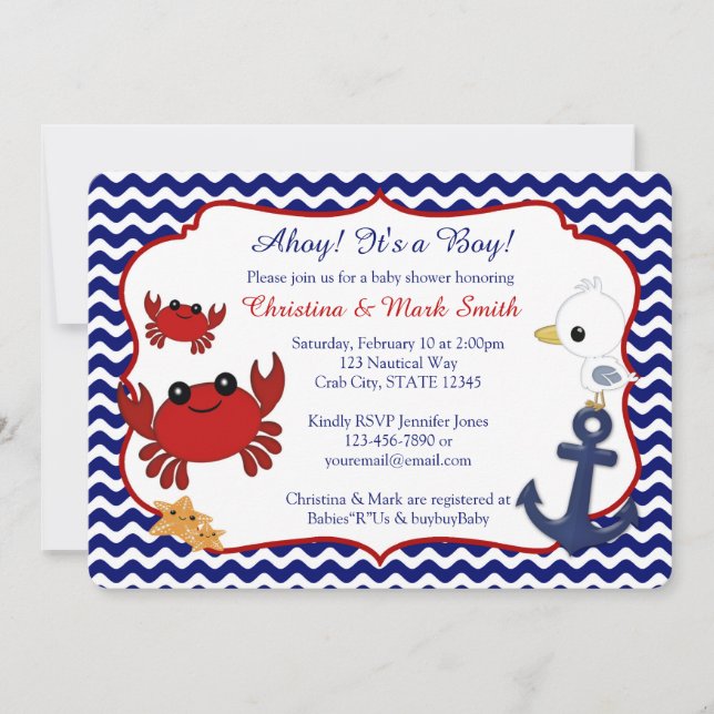 Crabe nautique Invitations de douche bébé (Devant)