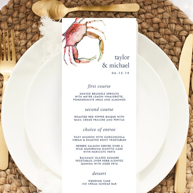 Crabe rouge | Carte de menu Mariage nautique (Créateur téléchargé)