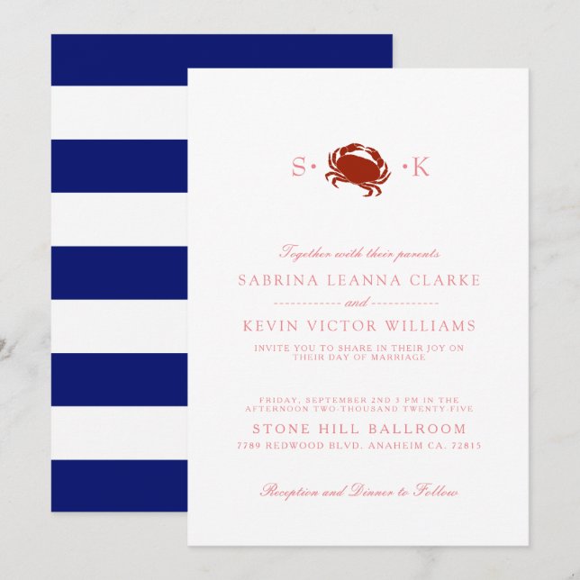 Crabe rouge | Faire-part de mariage Bleu (Devant / Derrière)