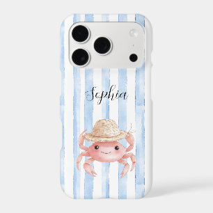Crabe souriant rose mignon de plage avec chapeau