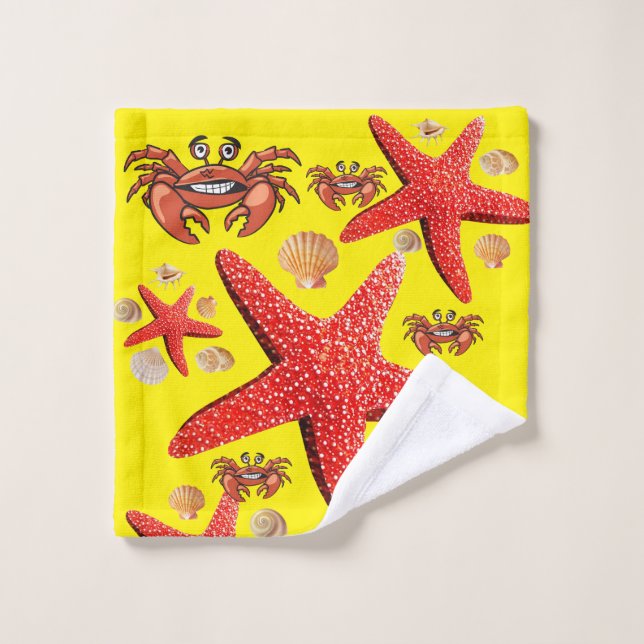 Crabe Starfish Jaune Coques Salle de bain Serviett (Gant de toilette)