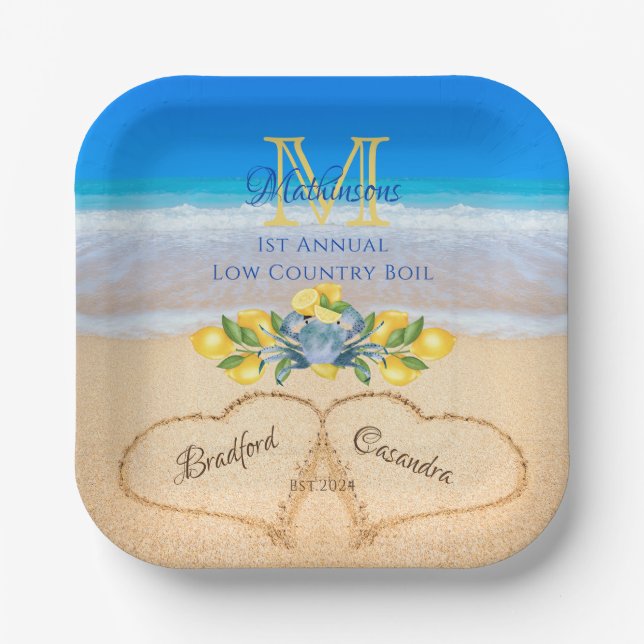 Crabs and Lemon Wedding Hearts in Sand  Paper Plate (Front)