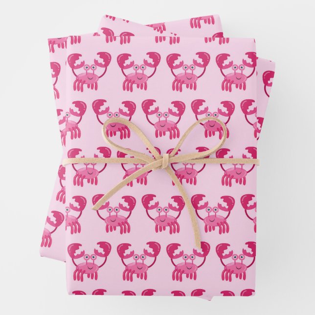 Crabs Birthday Party Pink Sea Creature Wrapping Paper Sheet (In situ)