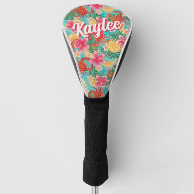 Crabs Lemons Hibiscus Hand-Drawn Tropical Pattern Golf Head Cover (Front)