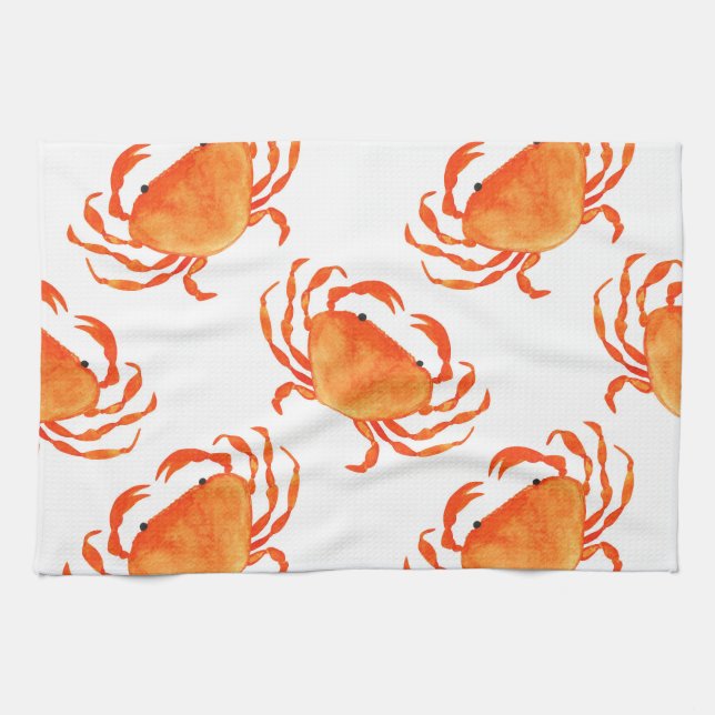 Crabs Watercolor: White Background Pattern Kitchen Towel (Horizontal)