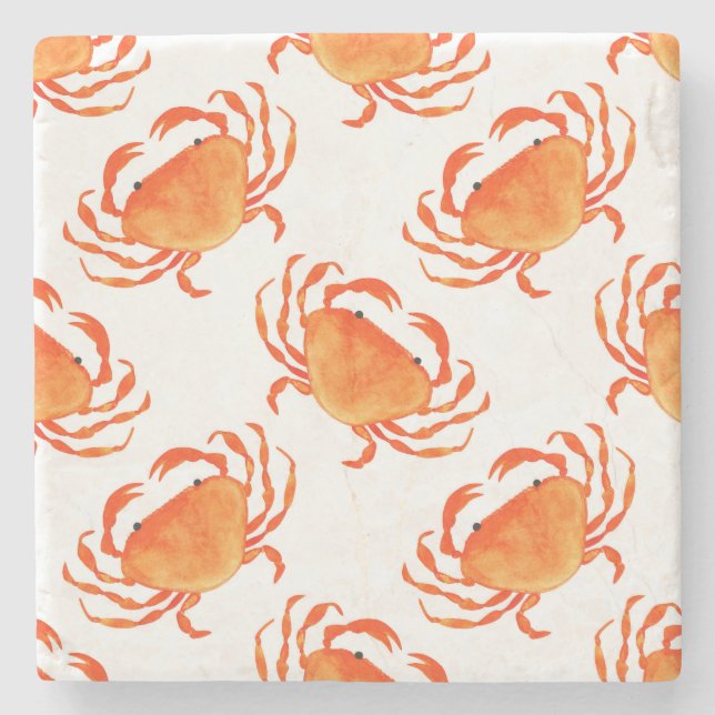 Crabs Watercolor: White Background Pattern Stone Coaster (Front)
