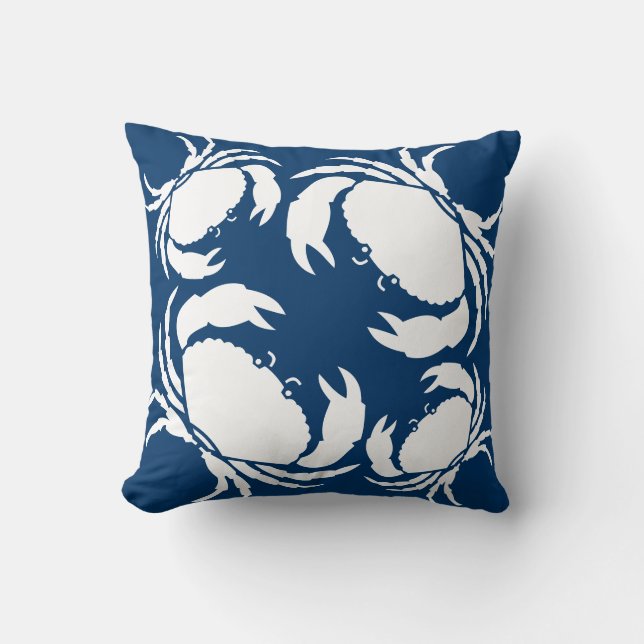 CRABS WHITE on blue pillow (Front)