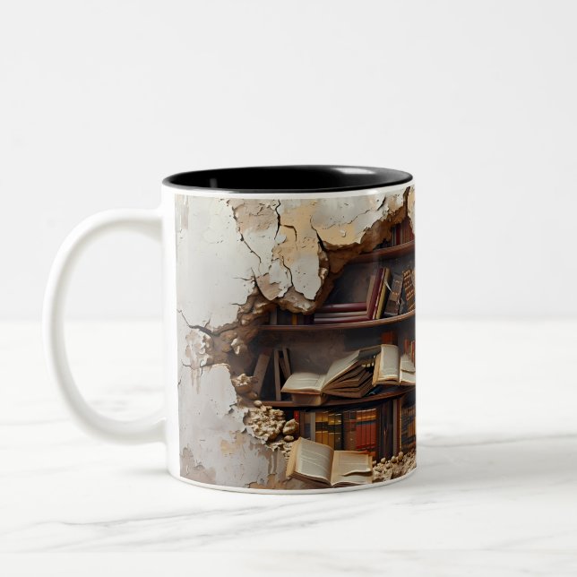 Crack in the Wall Bookshelf 3D Style Two-Tone Coffee Mug (Left)