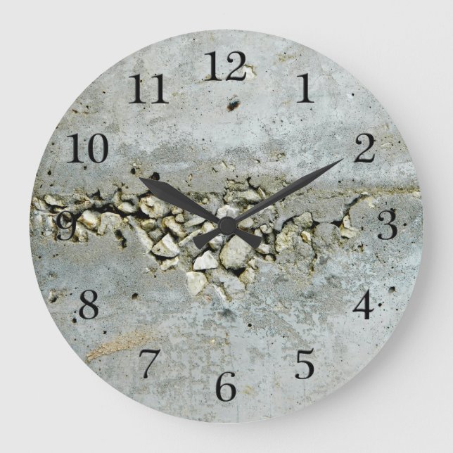 Cracked concrete wall with small stones large clock (Front)