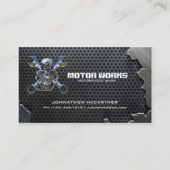 Cracked Metal and Mesh Motorcyle Shop Business Card (Front)