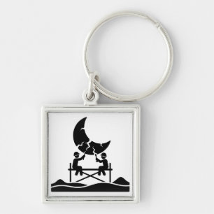 Cracked moon repair workers on scaffold fixing sky keychain