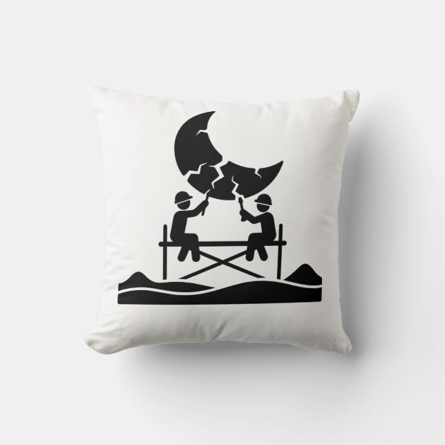 Cracked moon repair workers on scaffold fixing sky throw pillow (Front)