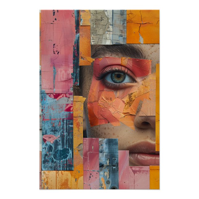 Cracked Paint Face Collage Vibrant Portrait Poster (Front)