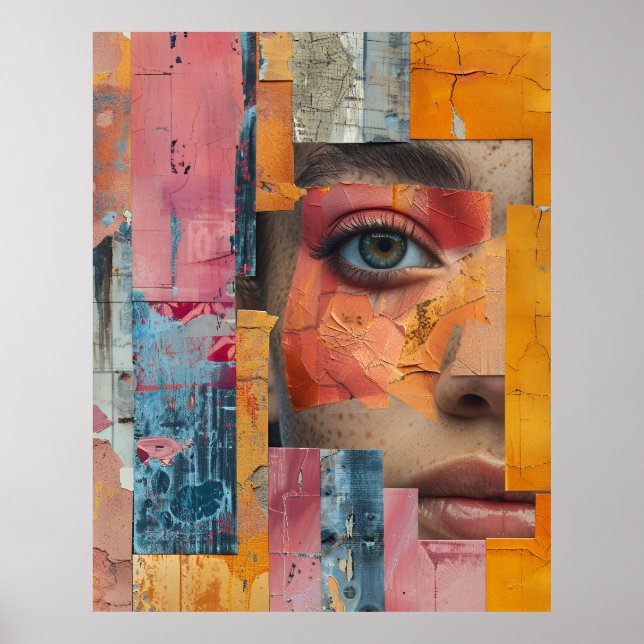 Cracked Paint Face Collage Vibrant Portrait Poster (Front)
