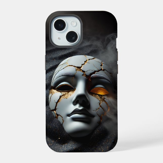 Cracked Porcelain Mask Dark iPhone 15 Tough Case (Back)