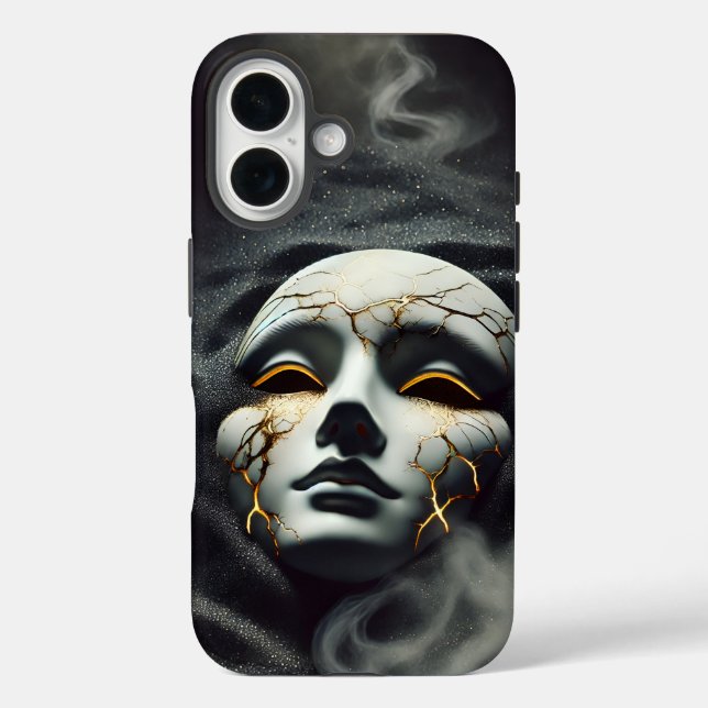 Cracked Porcelain Mask Dark iPhone 16 Tough Case (Back)