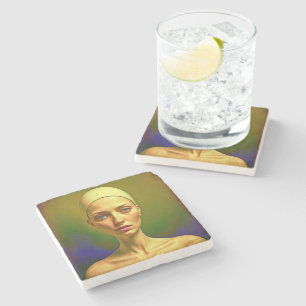 Cracked Porcelain Soul  - Colourful Portrait      Stone Coaster
