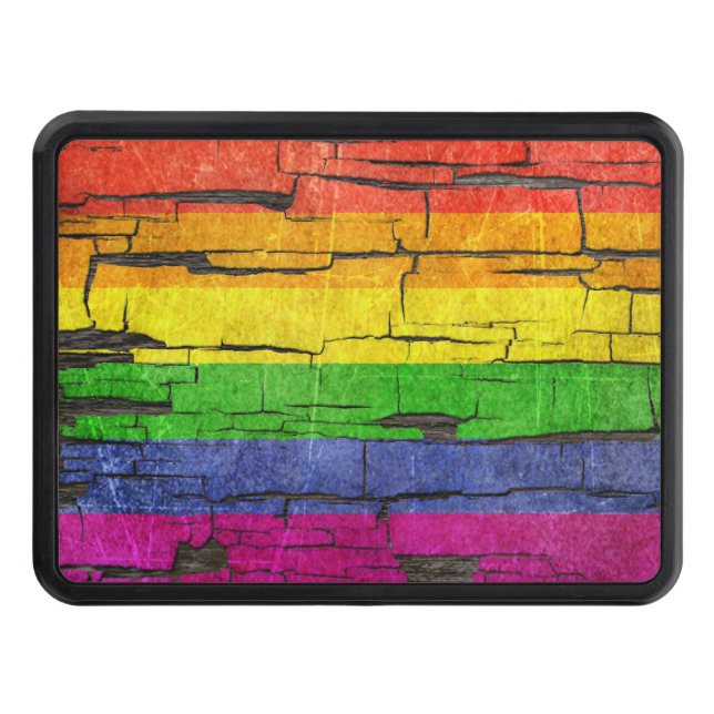 Cracked Rainbow Gay Pride Flag Peeled Paint Effect Trailer Hitch Cover (Front)